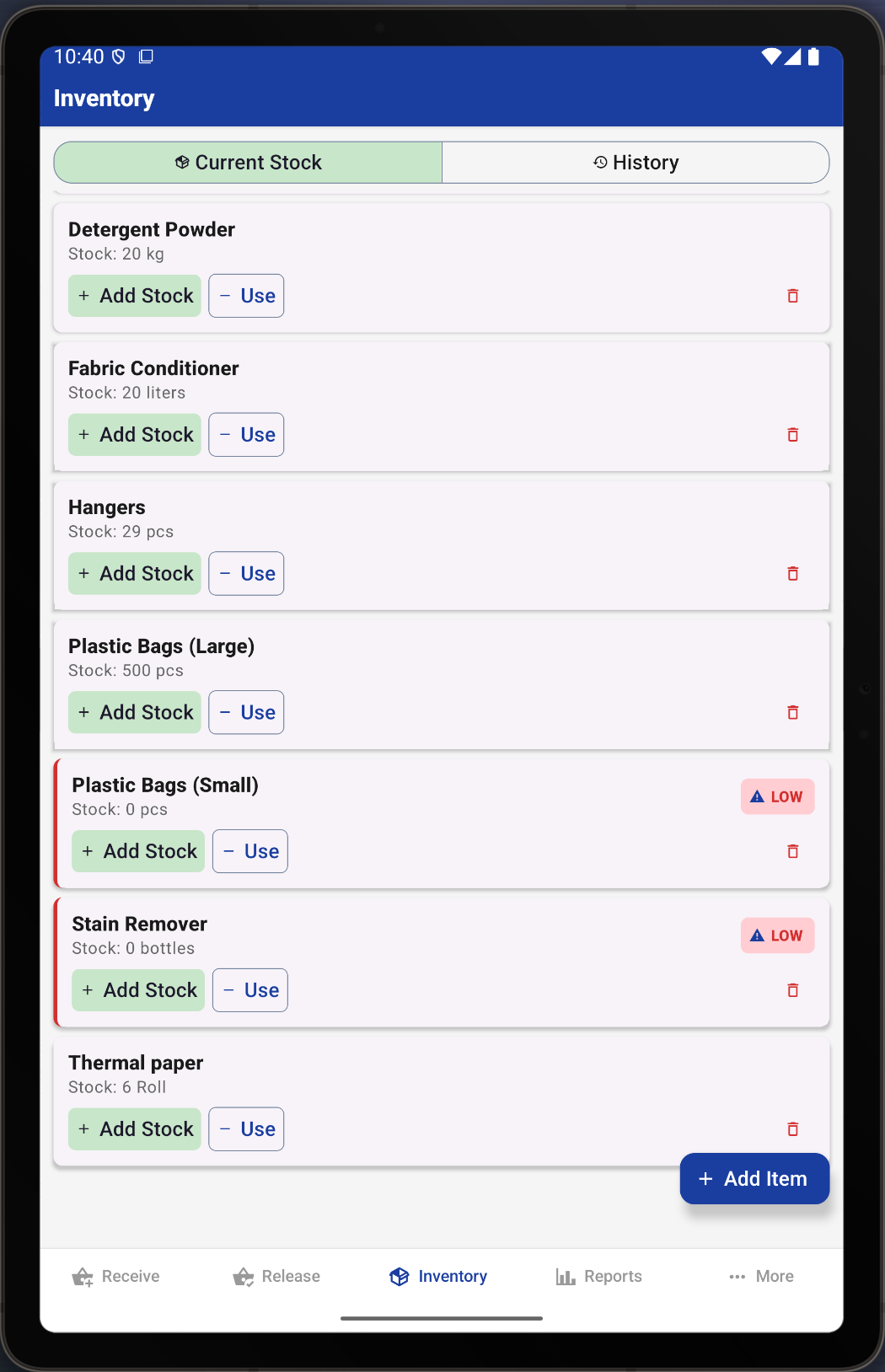 The inventory list showing supply levels and low-stock warnings