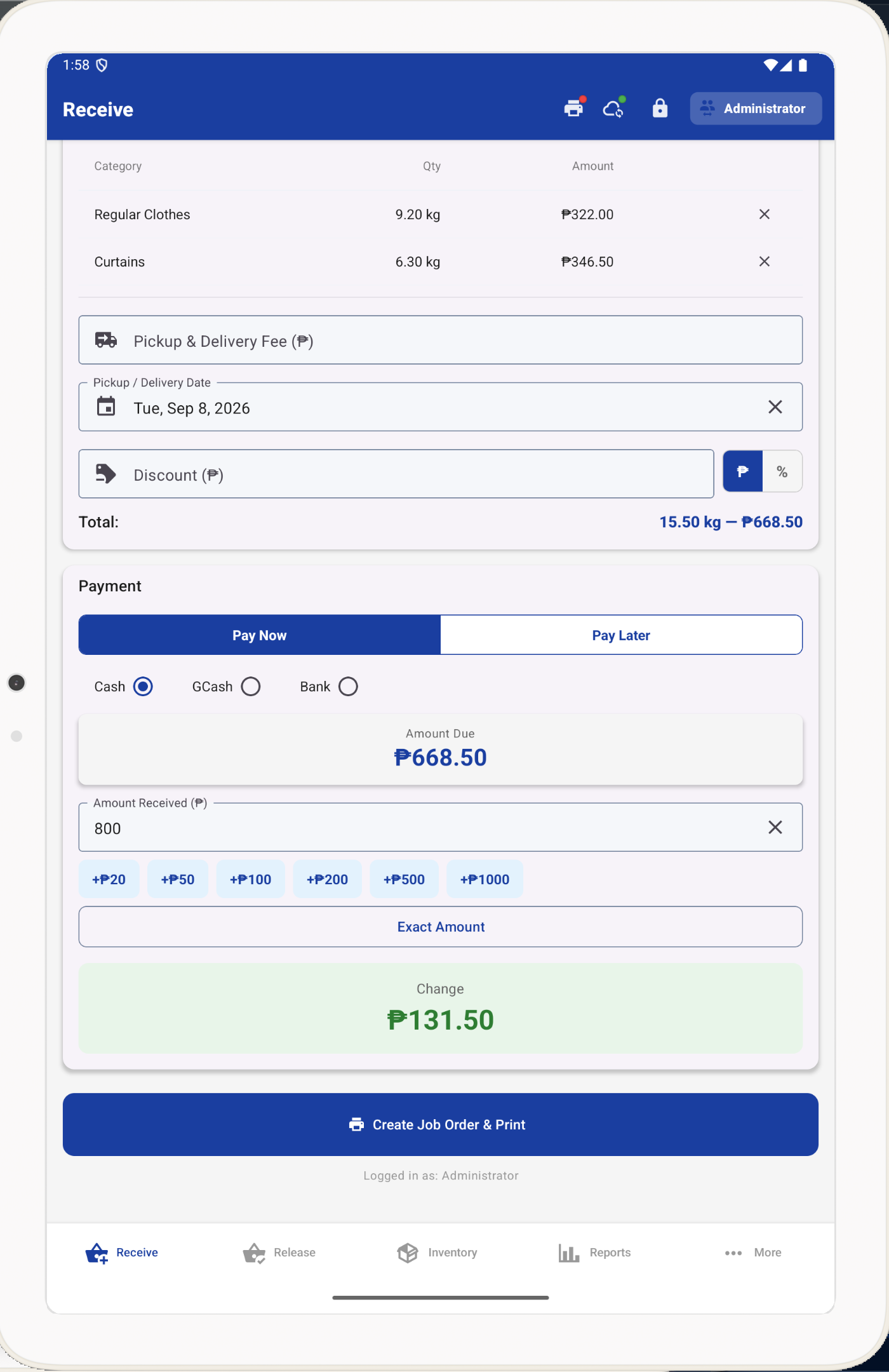 LPOS payment screen showing cash received and the change to give back