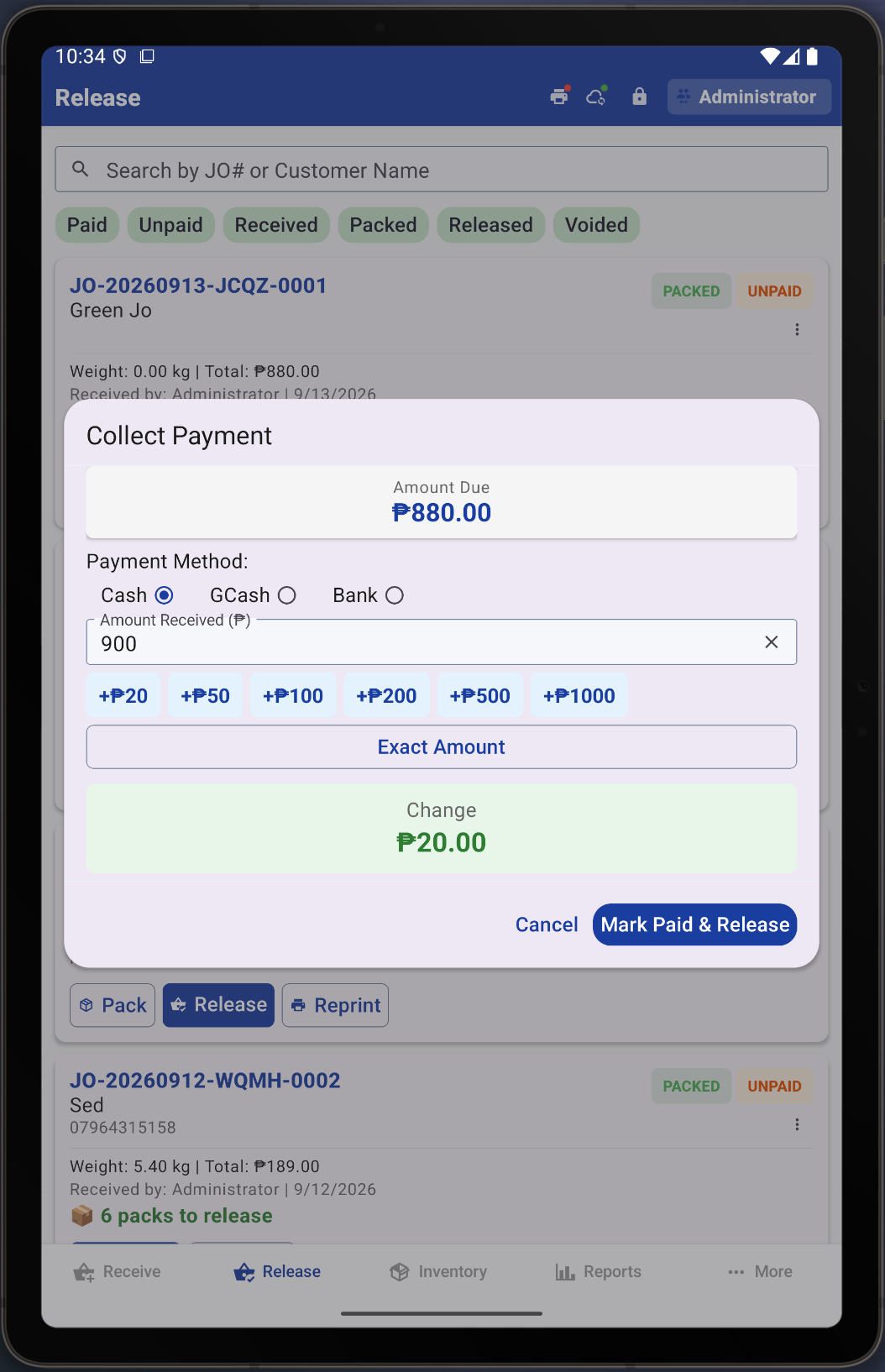 LPOS order list showing each order's stage and whether it's paid